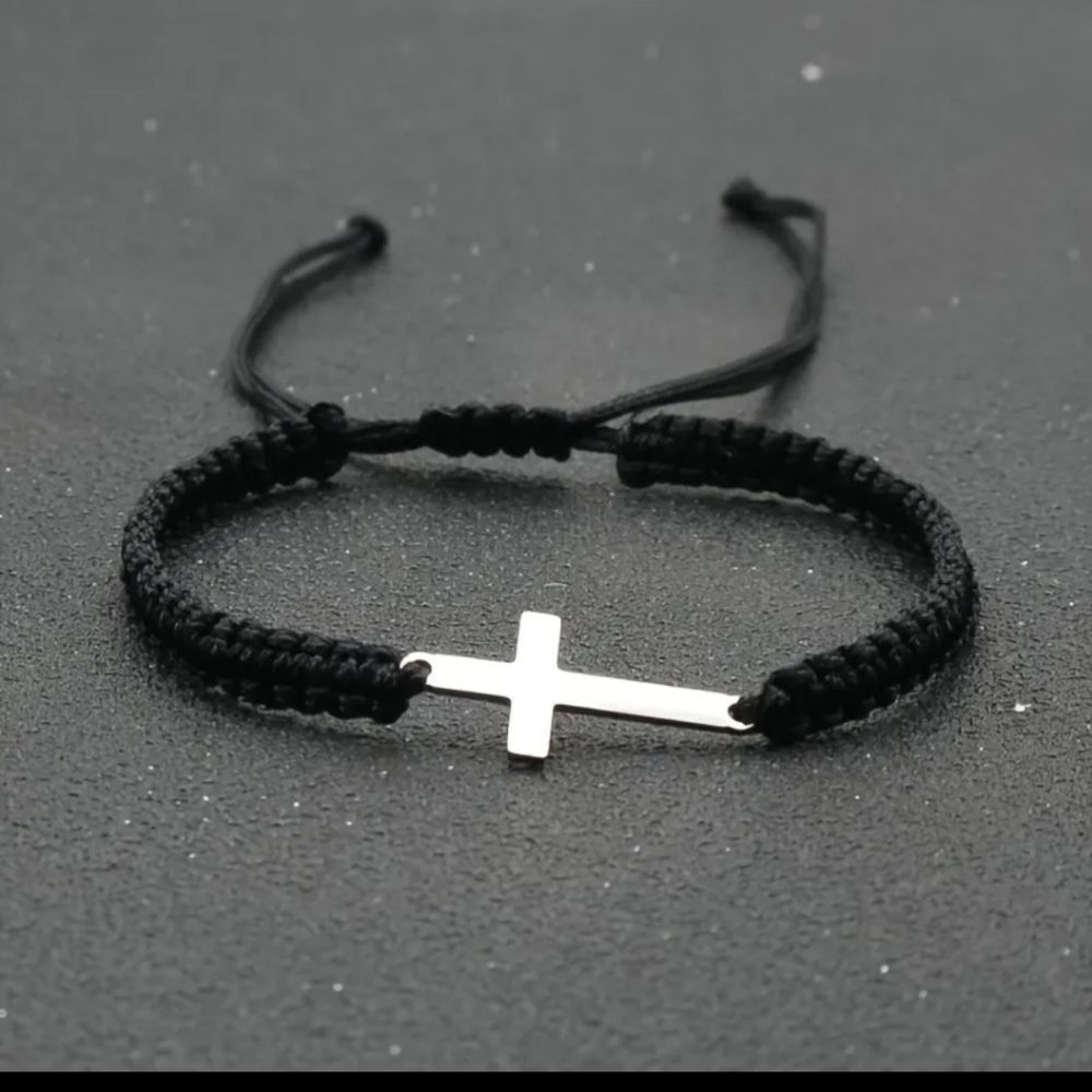 Black cross bracelet braided rope adjustable